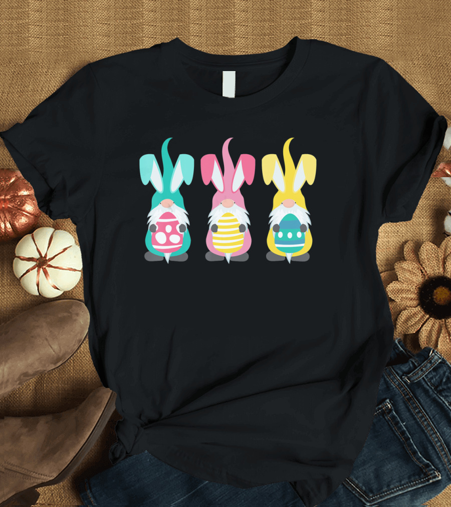 Three Gnomes with Bunny Ears and Easter Eggs T-Shirt