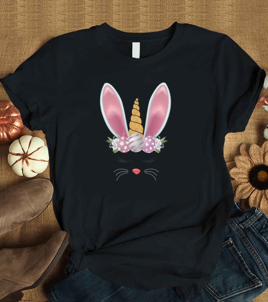 Cute Floral Unicorn Bunny Ears Easter Day Girls T-Shirt