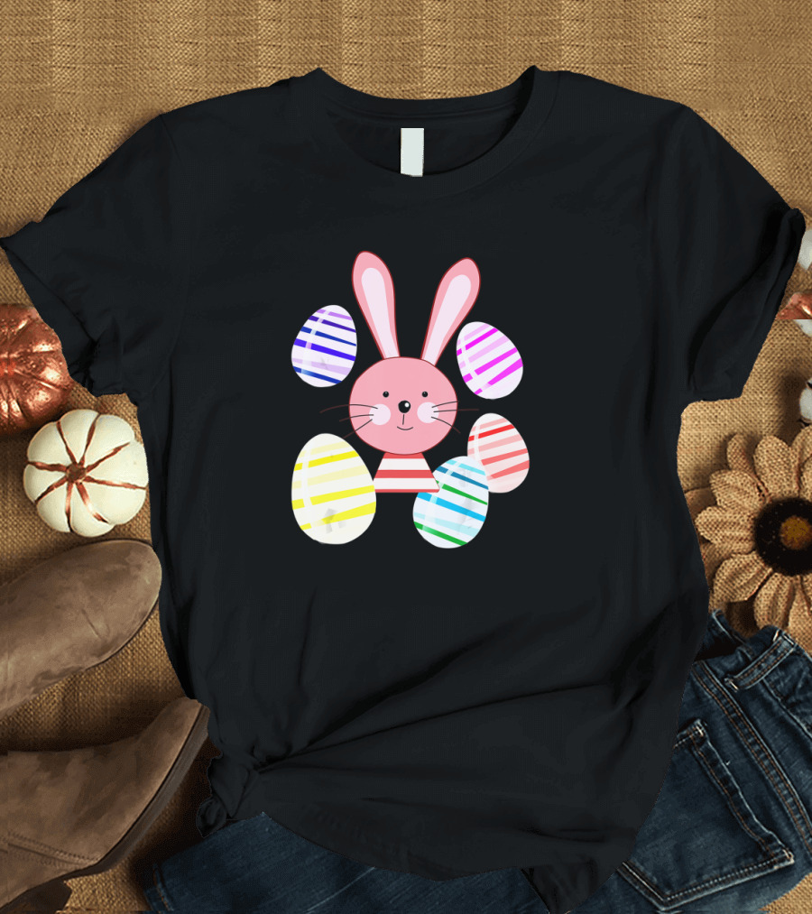 Happy Easter Bunny And Colorful Striped Easter Eggs T-Shirt