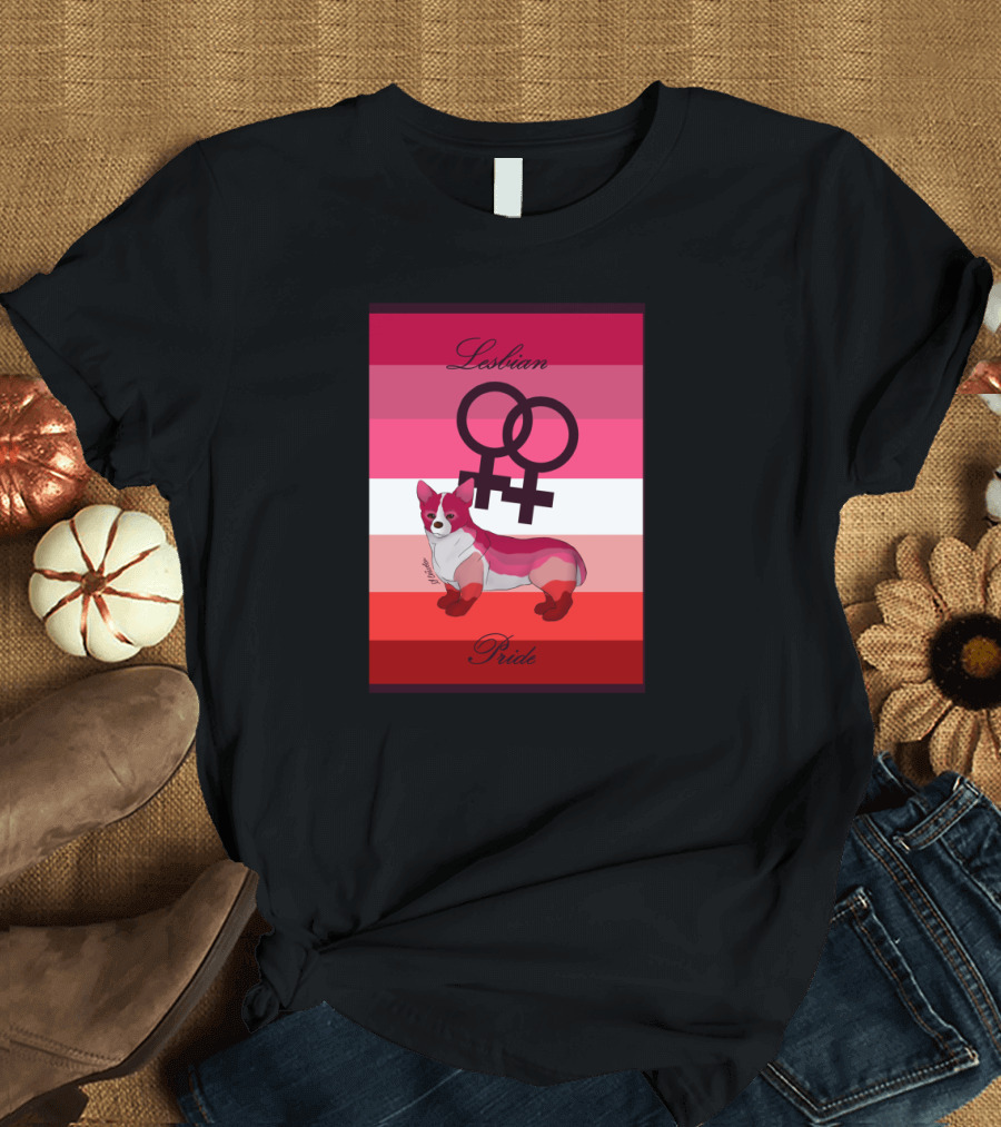 Lesbian Pride Dog with Interlinked Venus Symbols on Flag Background T-Shirt