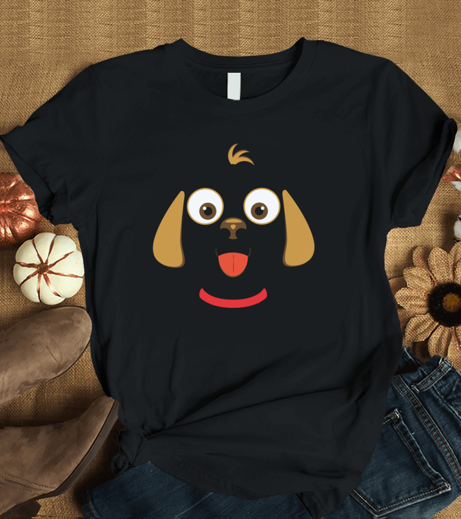 Cheerful Cartoon Dog Face Illustration with Who Let the Dogs Out Phrase T-Shirt