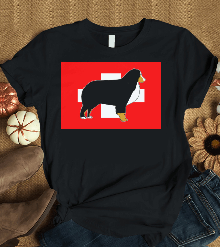 Bernese Mountain Dog Silhouette Against Swiss Flag Background T-Shirt