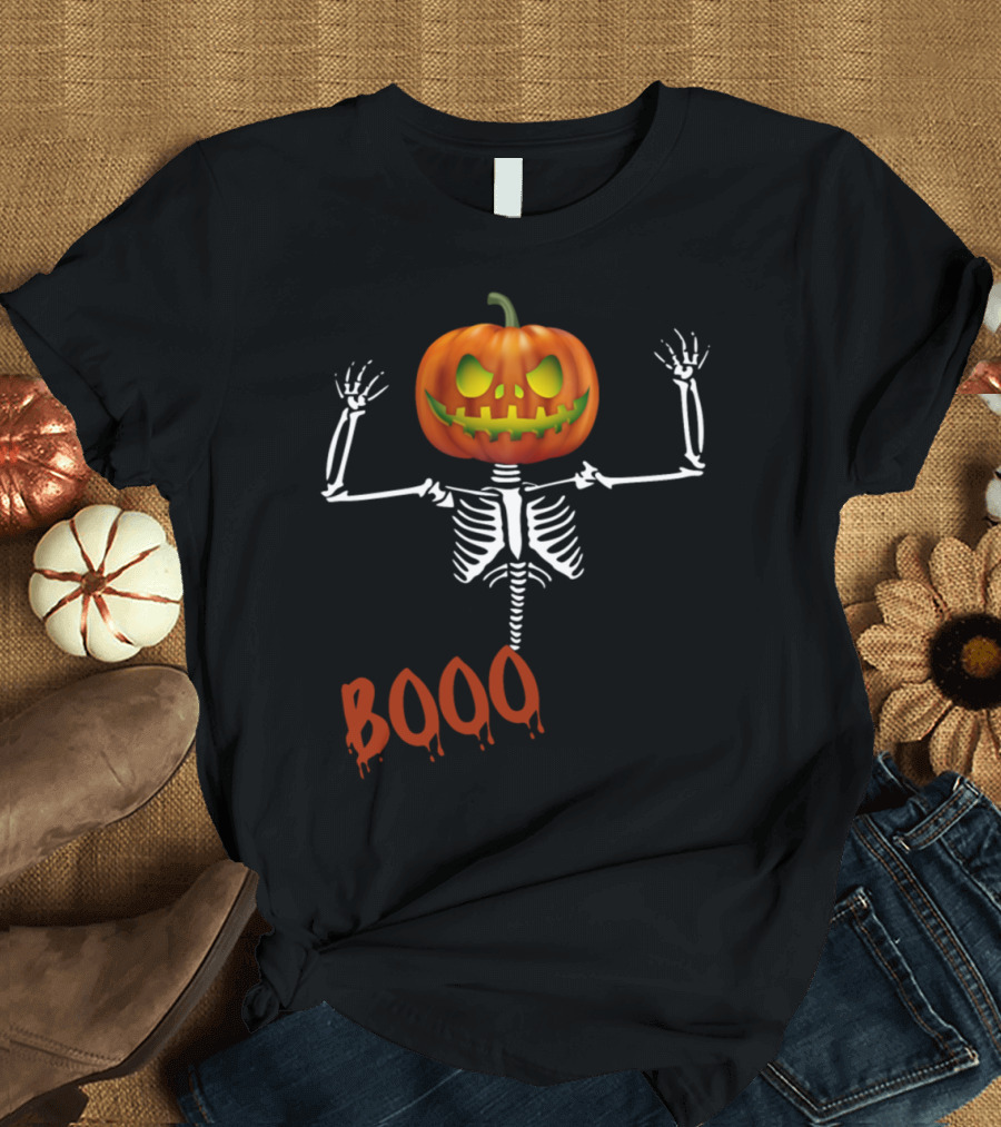 Scary Halloween Pumpkin Skeleton Booo T-Shirt
