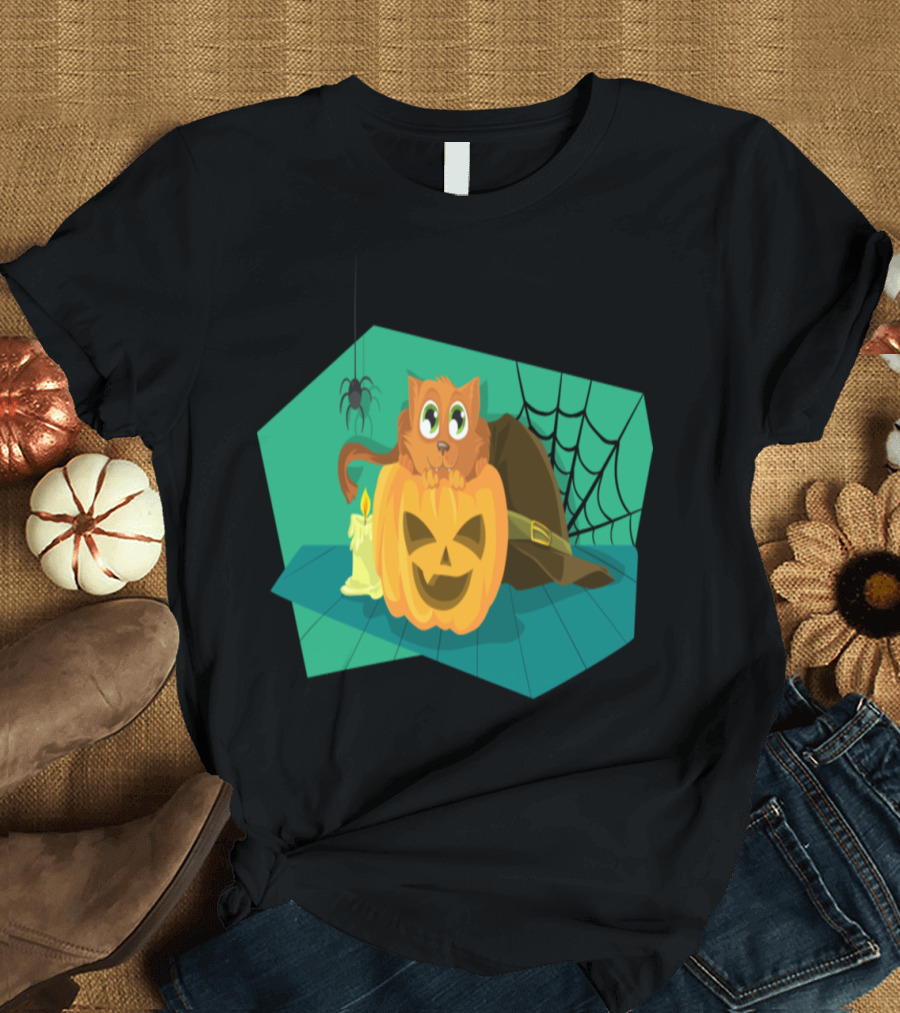 Happy Halloween Cat atop Pumpkin with Candle and Spider Web T-Shirt