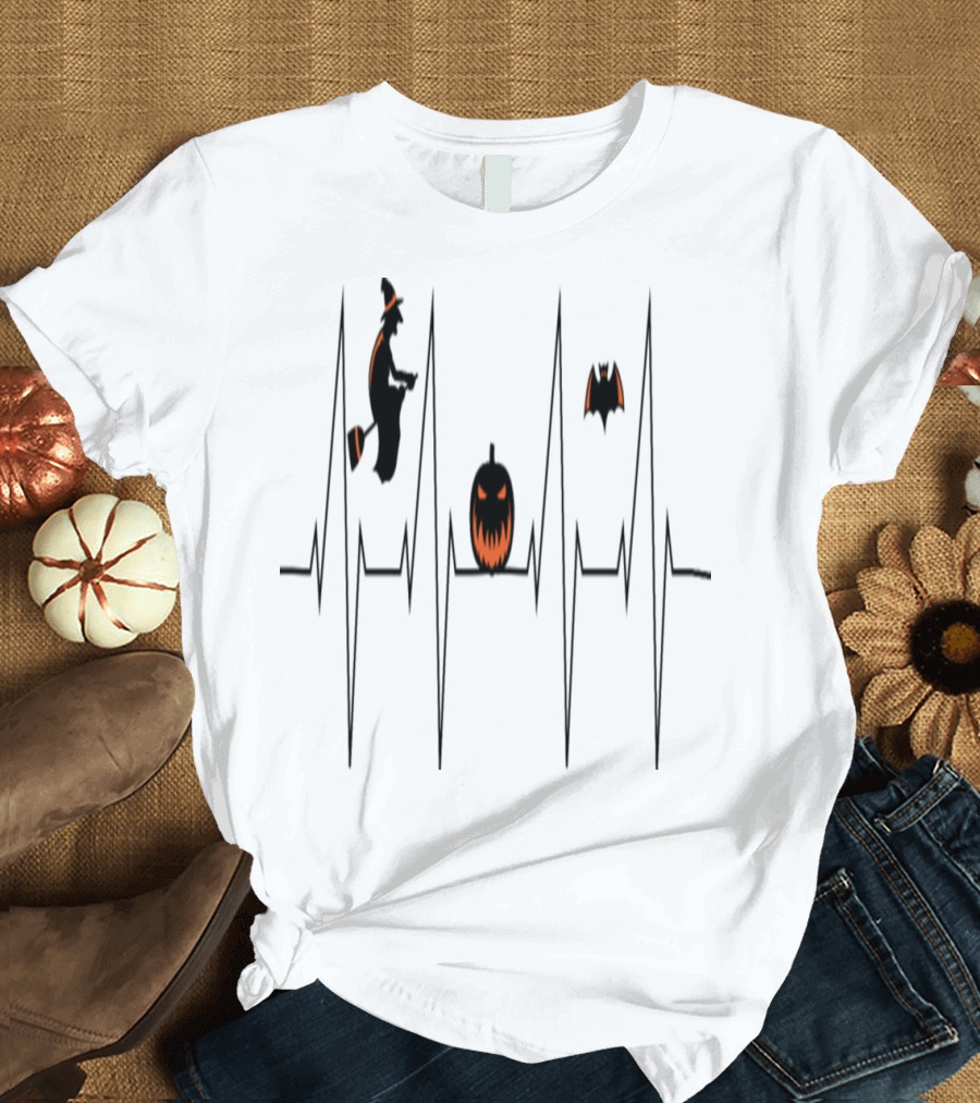 Halloween Heartbeat Witch Pumpkin Bat Monster T-Shirt