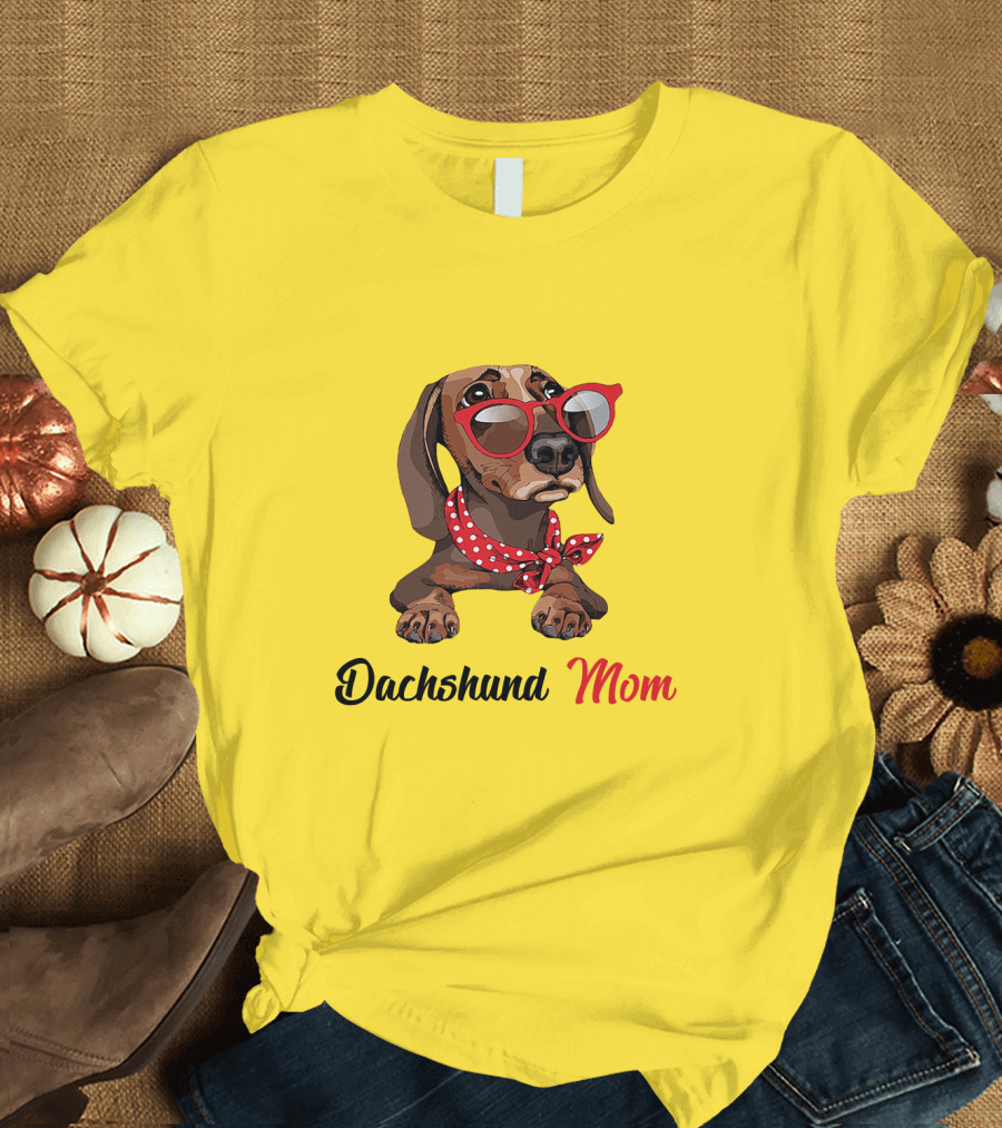 Dachshund Mom Red Glasses and Polka Dot Scarf T-Shirt