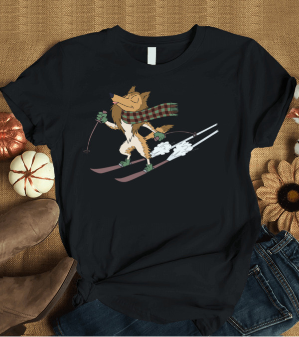 T-Shirt: Skiing Dog with Plaid Scarf and Ski Poles in Motion T-Shirt Skiing Dog with Plaid Scarf and Ski Poles in Motion T-Shirt