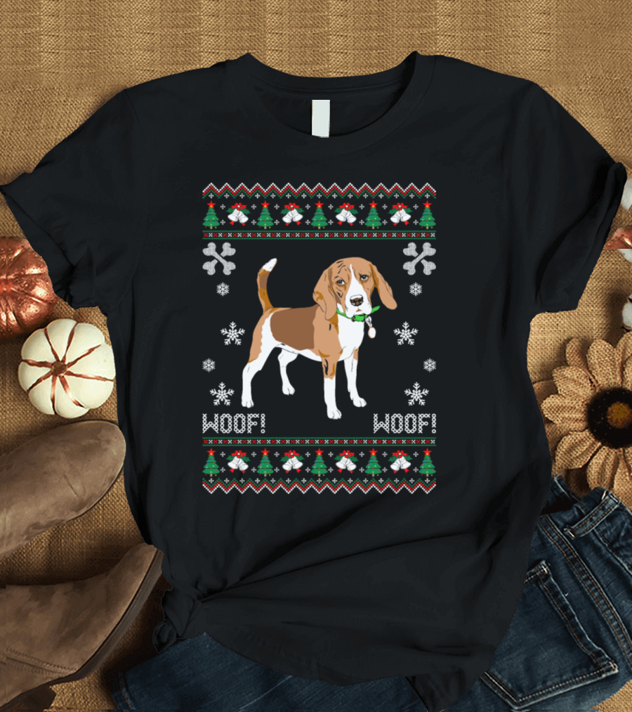 WOOF WOOF Beagle Ugly Christmas Sweater Holiday Trees Snowflakes T-Shirt
