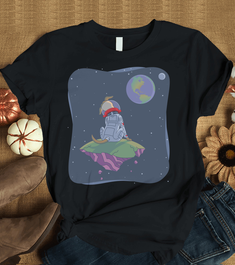 Lonely Cosmic Dog Guarding the Galaxy on Floating Asteroid with Earth View T-Shirt