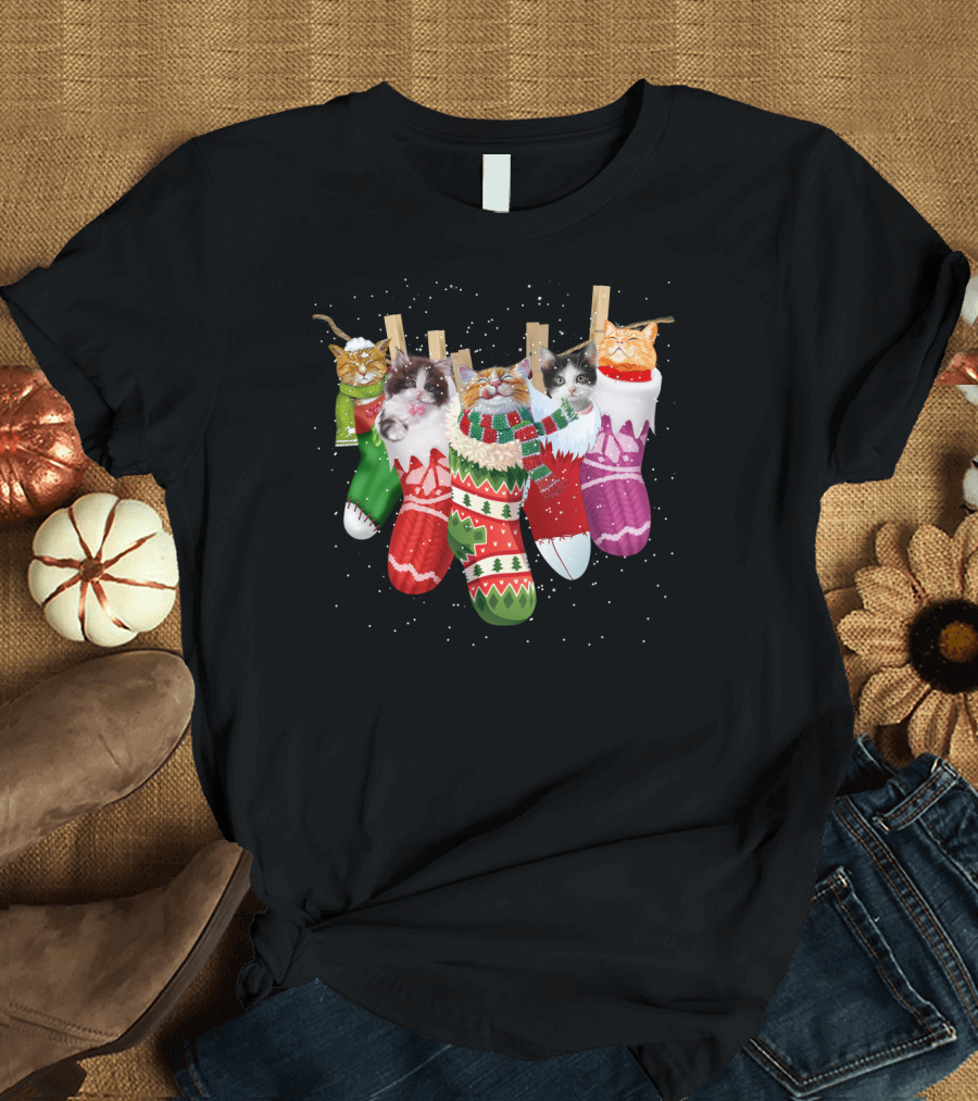 Funny Christmas Cat Meme Stocking Lineup T-Shirt