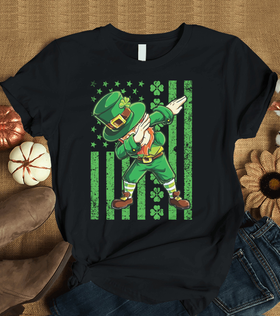 Dabbing Leprechaun with Irish American Flag and Shamrocks T-Shirt