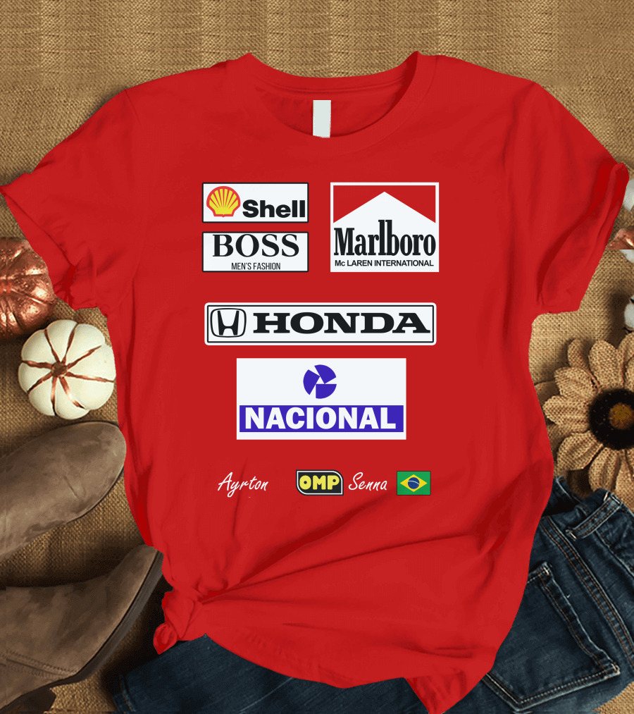 Shell Boss Marlboro McLaren Honda Nacional Ayrton Senna OMP Brazil Flag T-Shirt