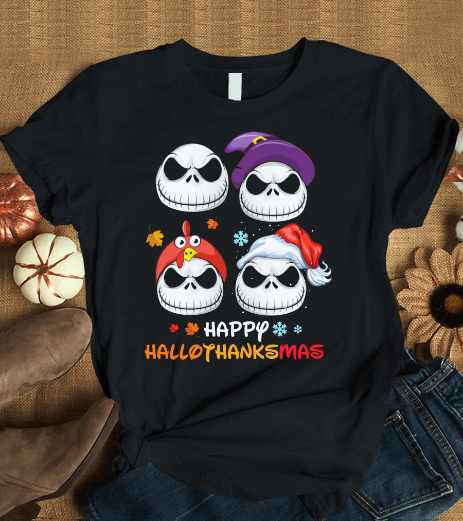 Happy HALLOTHANKSMAS Jack Skellington Faces with Witch Hat Turkey Hat Santa Hat Leaves Snowflakes T-Shirt