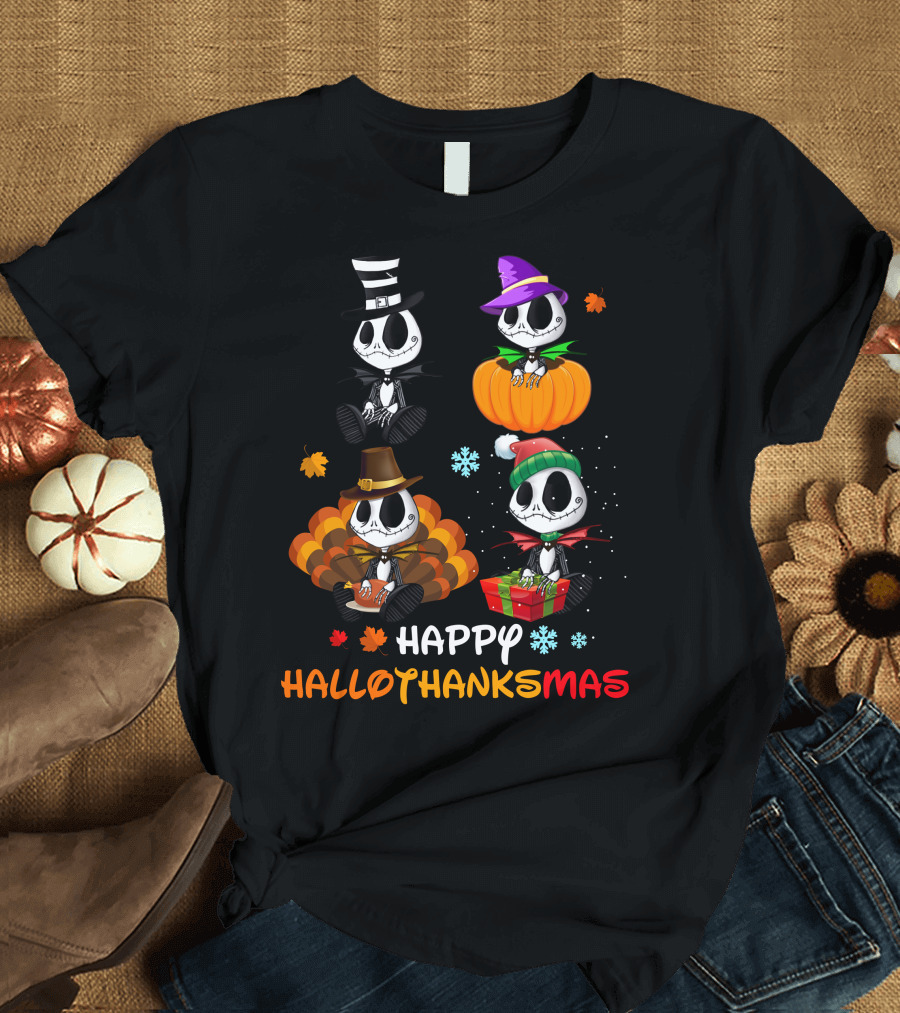 Jack Skellington Happy HALLOTHANKSMAS Pumpkin Witch Hat Turkey Santa Gift Snowflake Leaves T-Shirt