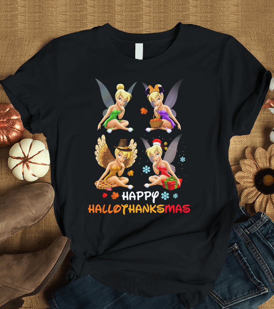 HAPPY HALLOTHANKSMAS Tinkerbell Seasonal Celebration with Autumn Leaves Turkey and Christmas Gifts T-Shirt