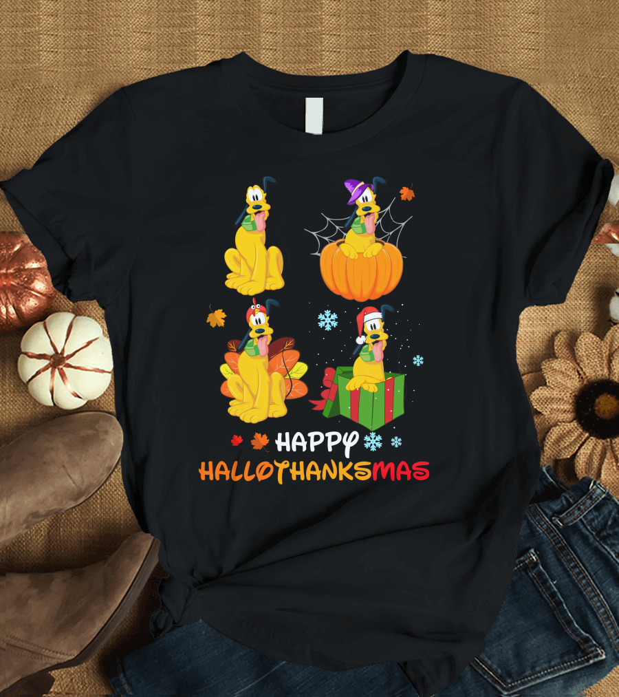 Happy HALLOTHANKSMAS Pluto in Halloween Pumpkin Thanksgiving Leaves Christmas Present Snowflakes T-Shirt