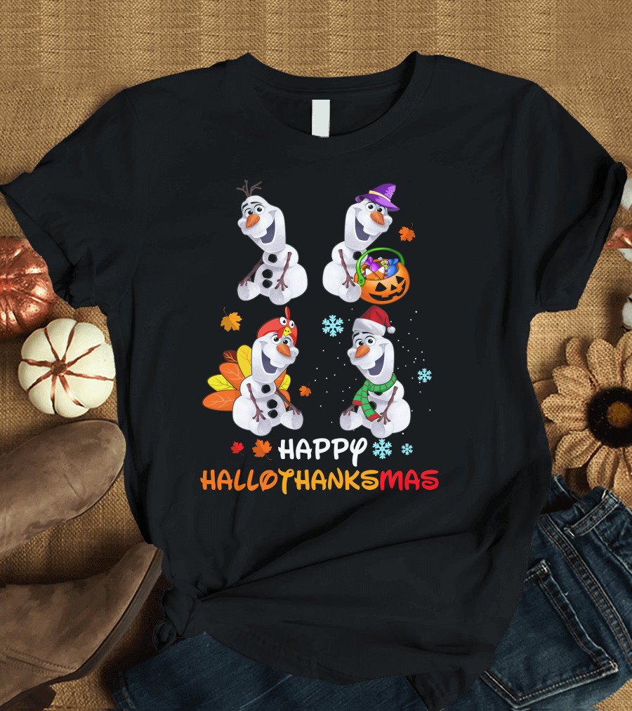 Happy HALLOTHANKSMAS Olaf Halloween Thanksgiving Christmas Snowman T-Shirt