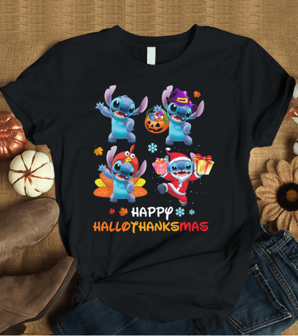 T-Shirt: Happy HALLOTHANKSMAS Stitch in Halloween Thanksgiving Christmas Styles T-Shirt Happy HALLOTHANKSMAS Stitch in Halloween Thanksgiving Christmas Styles T-Shirt