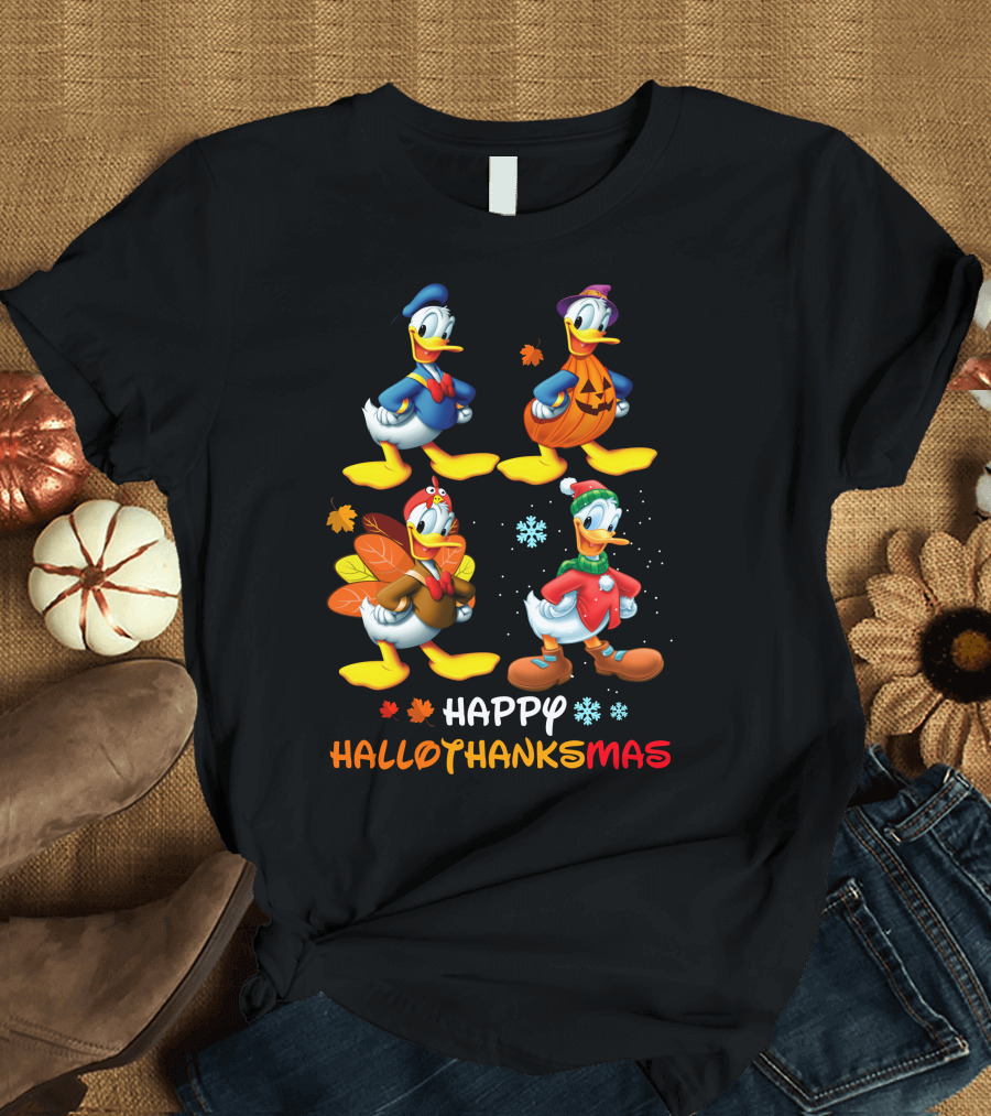 Happy HALLOTHANKSMAS Donald Characters in Holiday Costumes T-Shirt