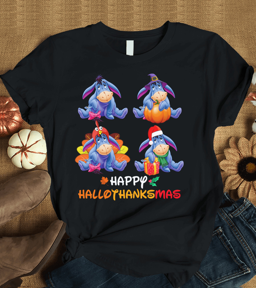 HAPPY HALLOTHANKSMAS Eeyore with Halloween Thanksgiving Christmas Themes T-Shirt