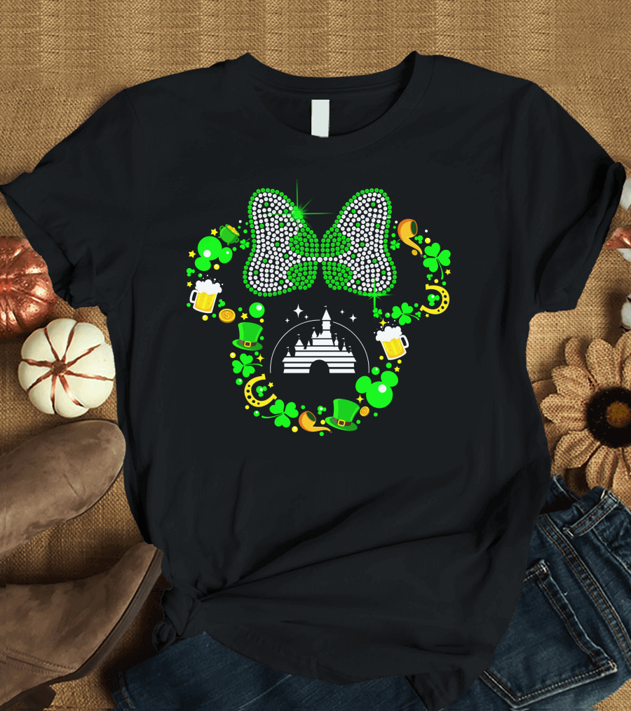 St. Patrick's Day Minnie Mouse Shamrock Castle Lucky Charm Party Bow T-Shirt