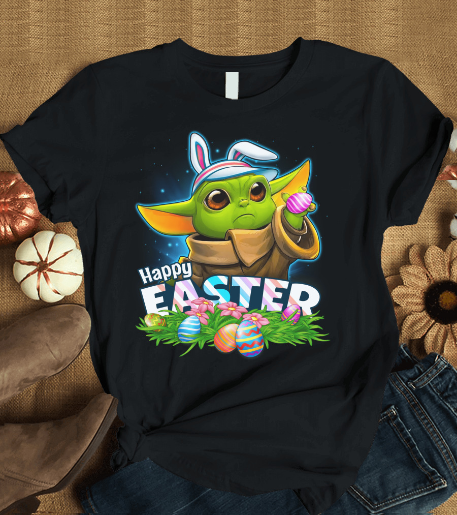 Happy Easter Yoda Bunny With Colorful Eggs T-Shirt