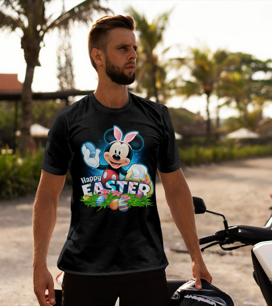Mickey Mouse Happy Easter With Bunny Ears And Colorful Eggs Basket T-Shirt
