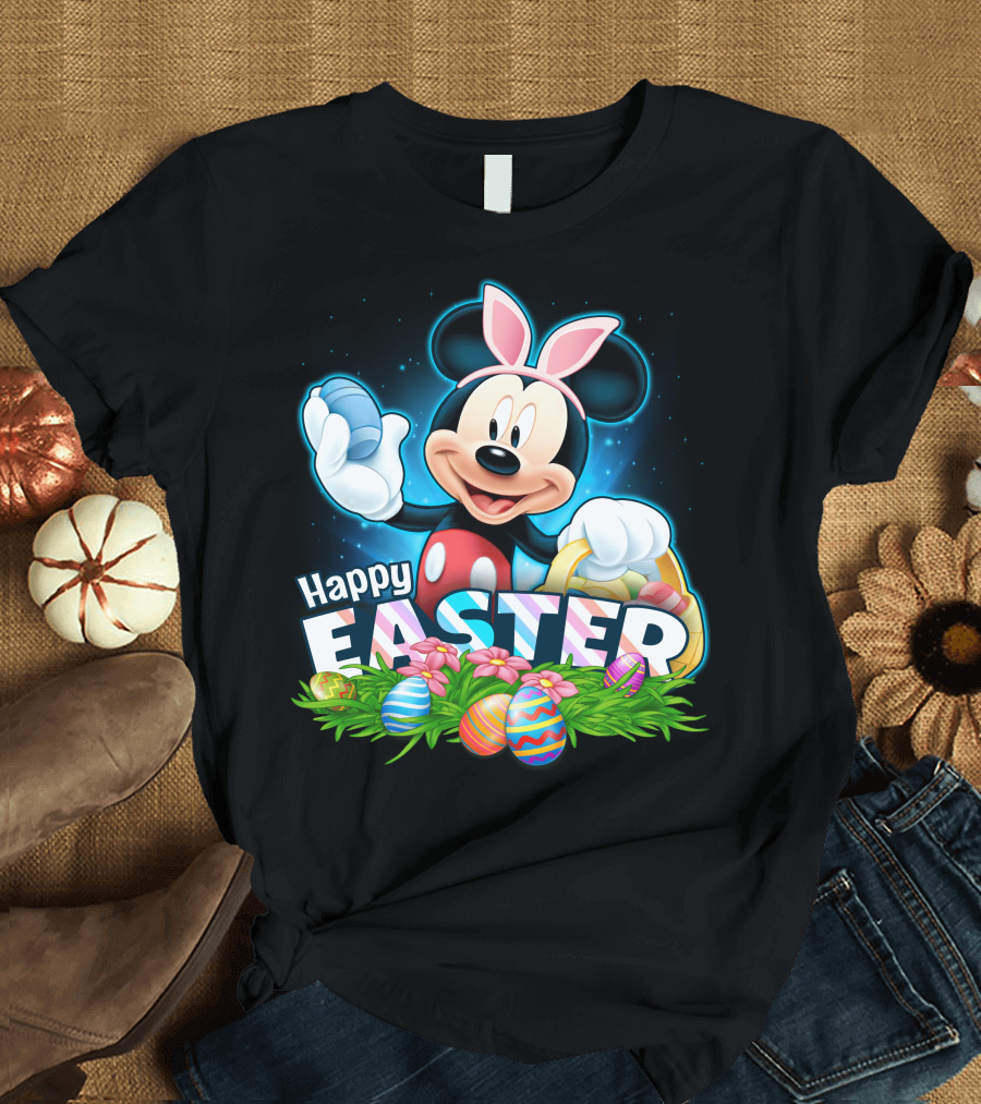 Mickey Mouse Happy Easter With Bunny Ears And Colorful Eggs Basket T-Shirt