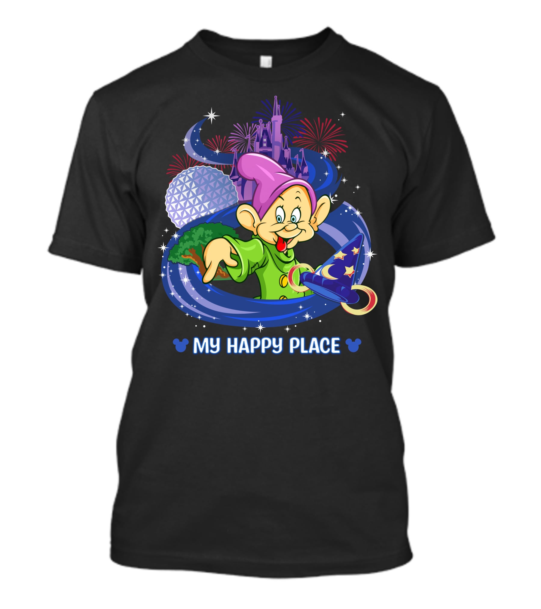 Dopey My Happy Place Epcot Castle Fireworks Sorcerer Hat T-Shirt