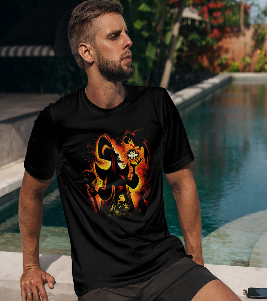 Jafar Villain Silhouette With Genie Lamp And Parrot Magic Scene T-Shirt