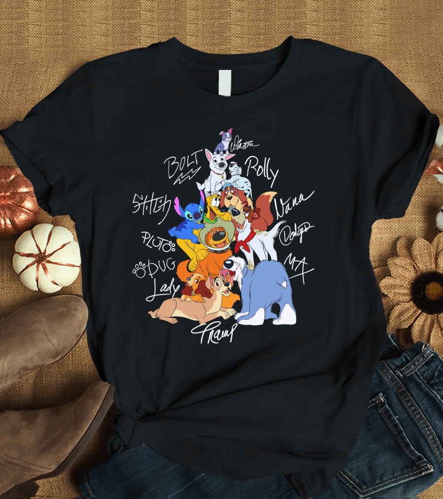 Disney Dogs Bolt Stitch Pluto Dug Lady Tramp Max Nana Dodger Rolly T-Shirt