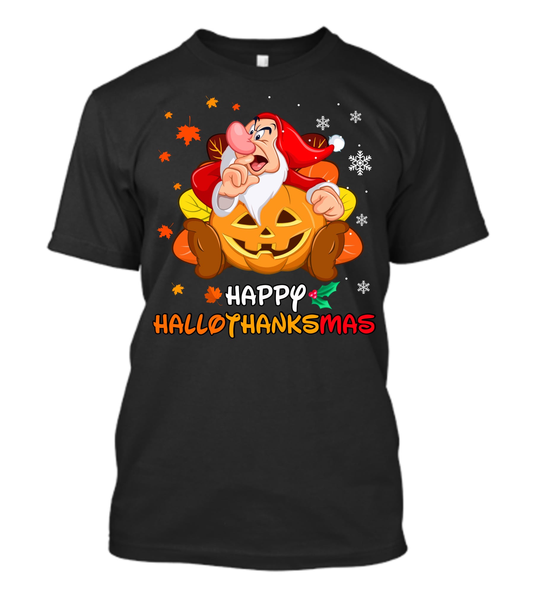 Happy Hallothanksmas Santa Dwarf With Pumpkin And Leaves T-Shirt