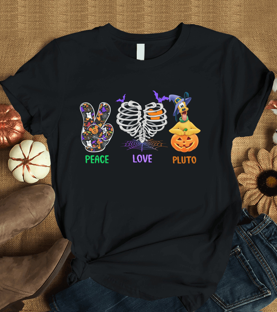 Peace Love Pluto Halloween Pumpkin And Skeleton Rib Cage With Bat Accents T-Shirt