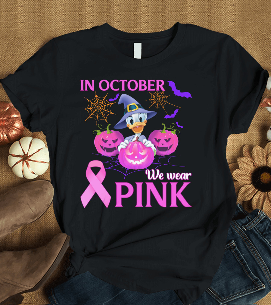 In October We Wear Pink Daisy D Breast Cancer Awareness Halloween Theme T-Shirt
