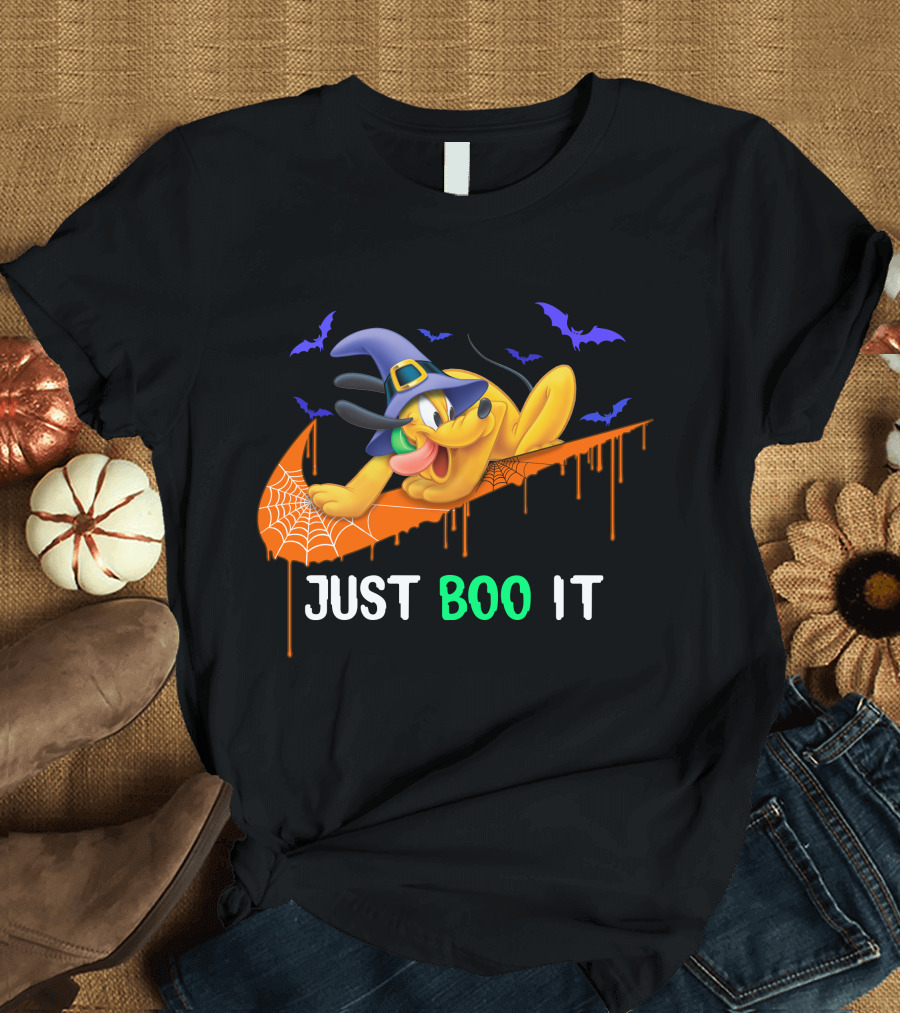 Just Boo It Halloween Pluto Witch Hat Bats Nike Swoosh T-Shirt