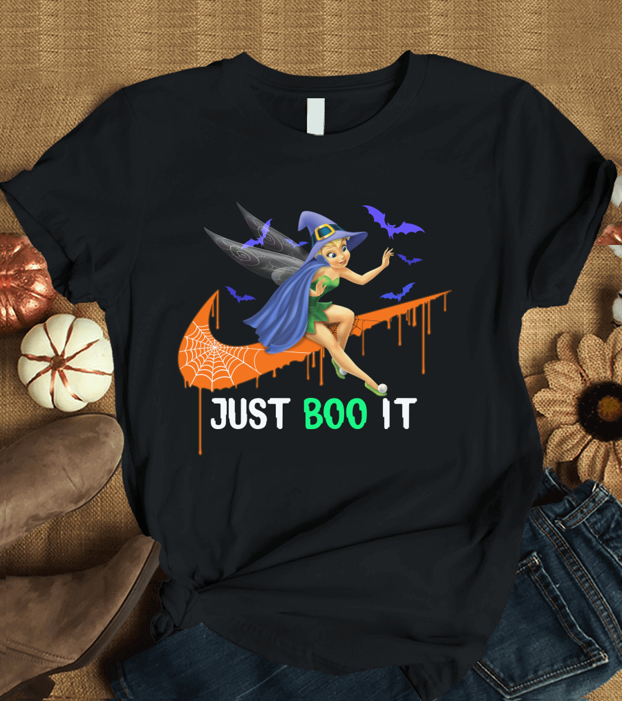 Just Boo It Tinker Bell Witch Halloween Bats Spiderweb T-Shirt