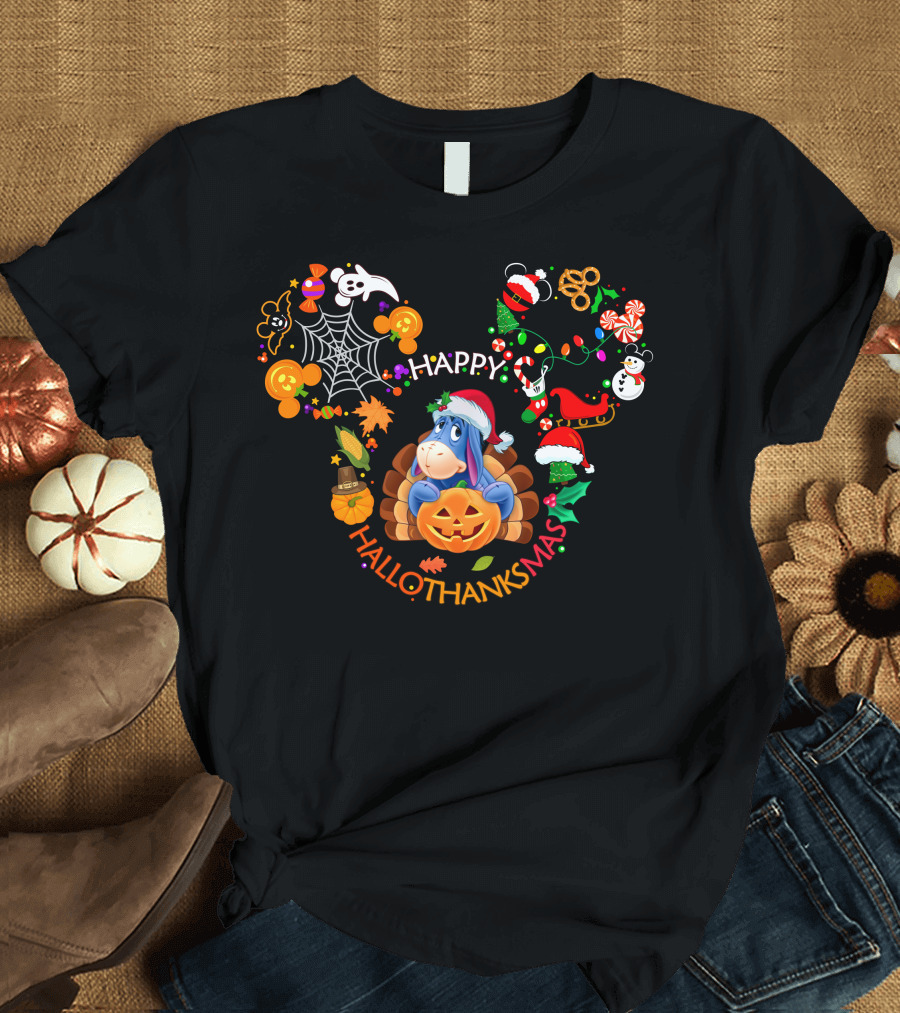 Happy Hallothanksmas Eeyore Pumpkin Santa Hat T-Shirt
