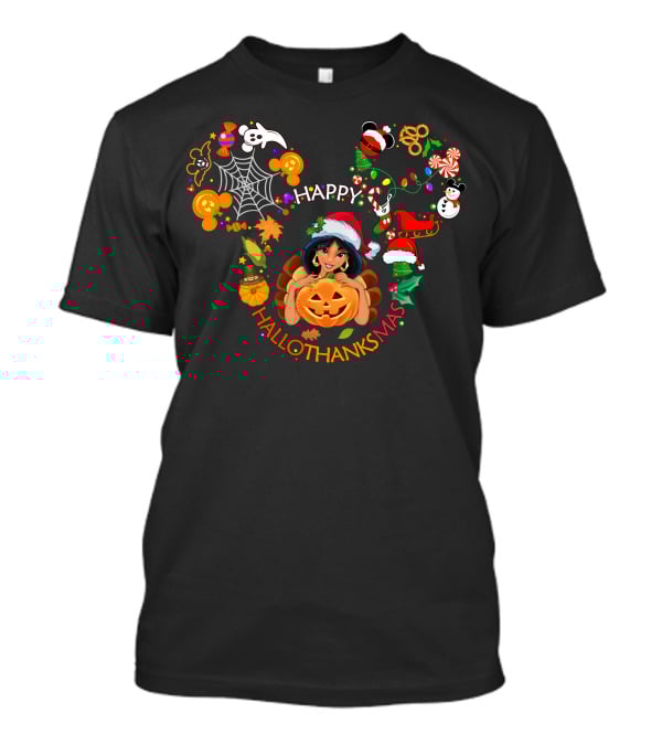 Happy Hallothanksmas Jasmine Mickey Ears Holiday Collage T-Shirt