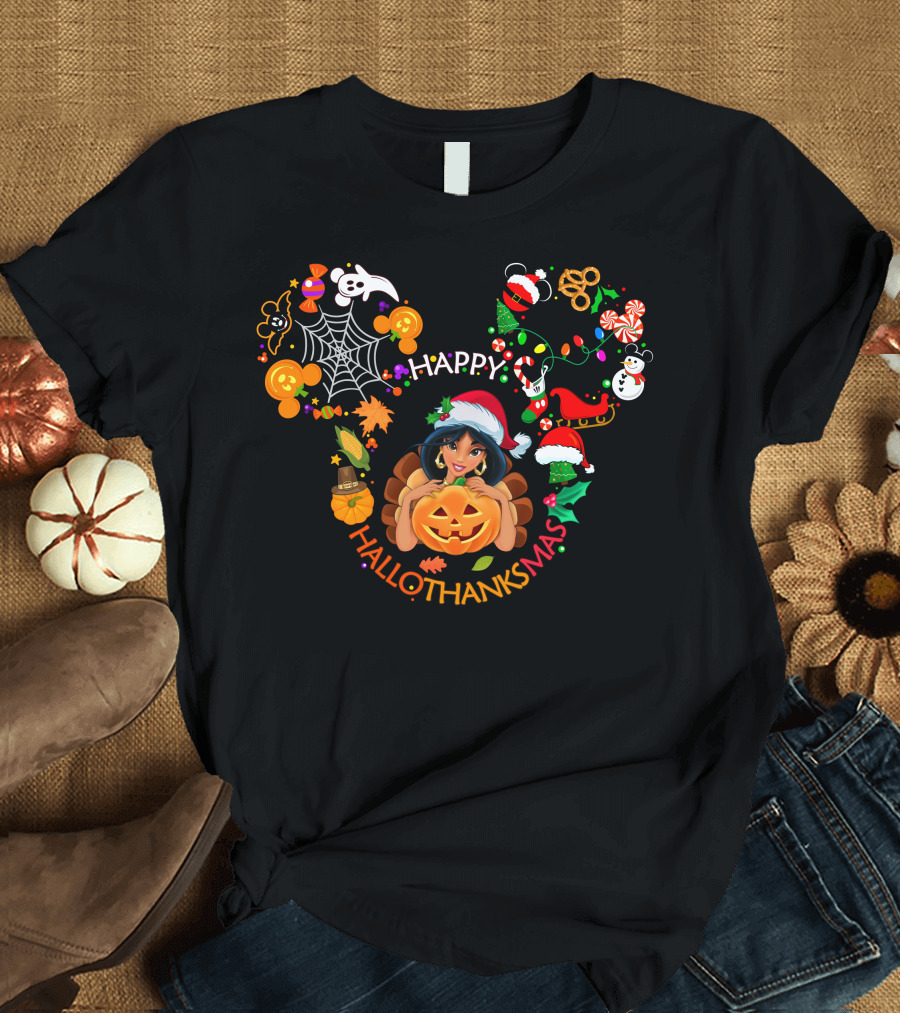 Happy Hallothanksmas Jasmine Mickey Ears Holiday Collage T-Shirt