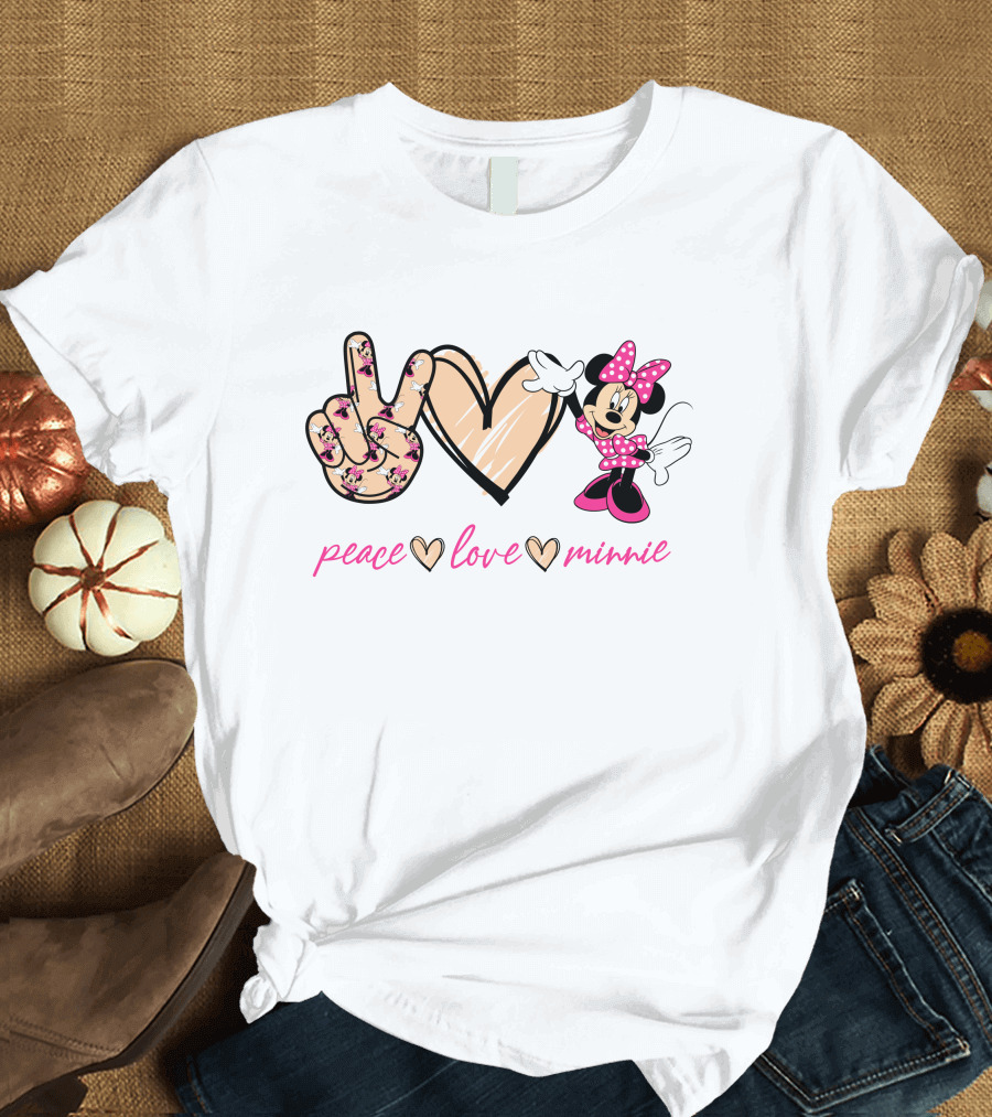 Peace Love Minnie Mouse Floral Pattern Pink Bow T-Shirt