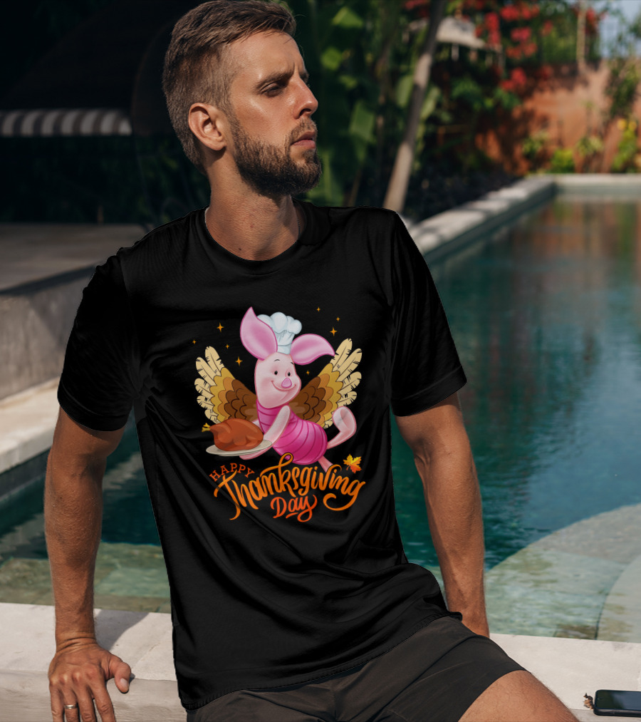 Happy Thanksgiving Day Piglet Chef With Turkey And Wings T-Shirt