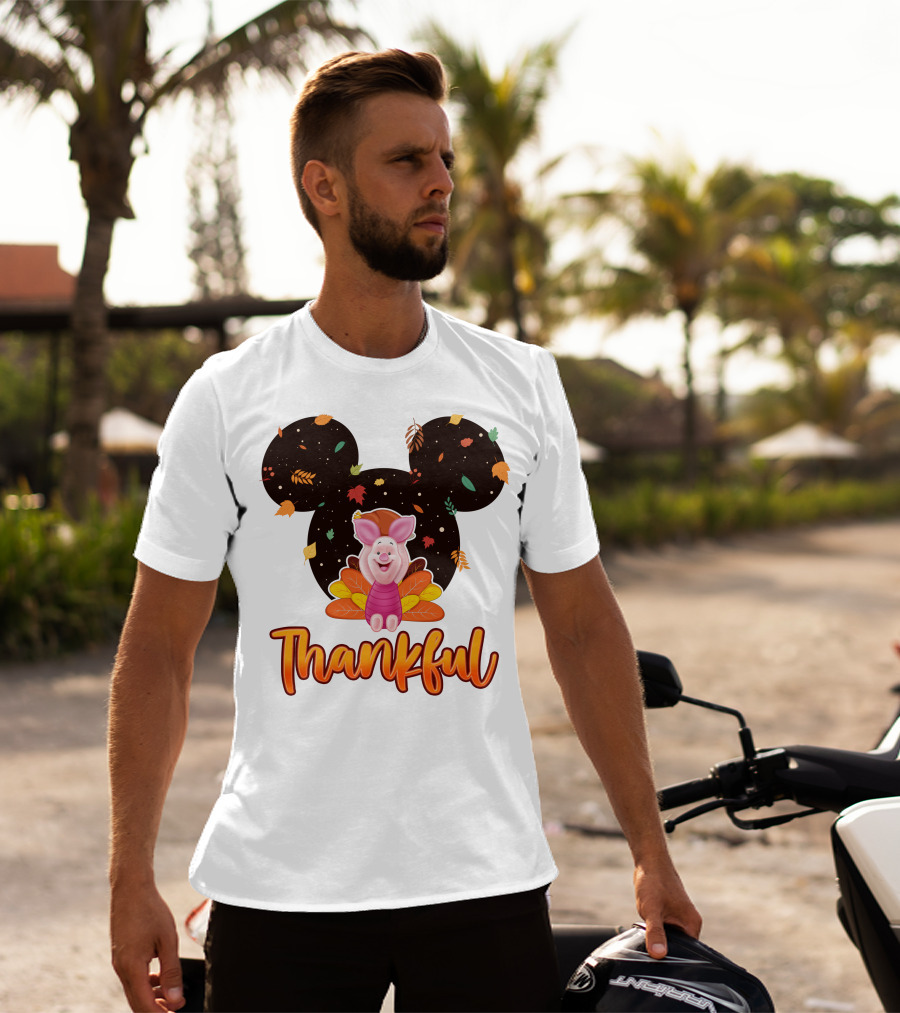 Thankful Piglet With Mickey Ears And Autumn Leaves T-Shirt