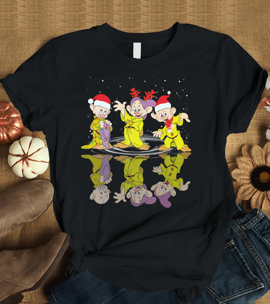 Dopey Christmas Reflections With Santa Hats And Reindeer Antlers T-Shirt