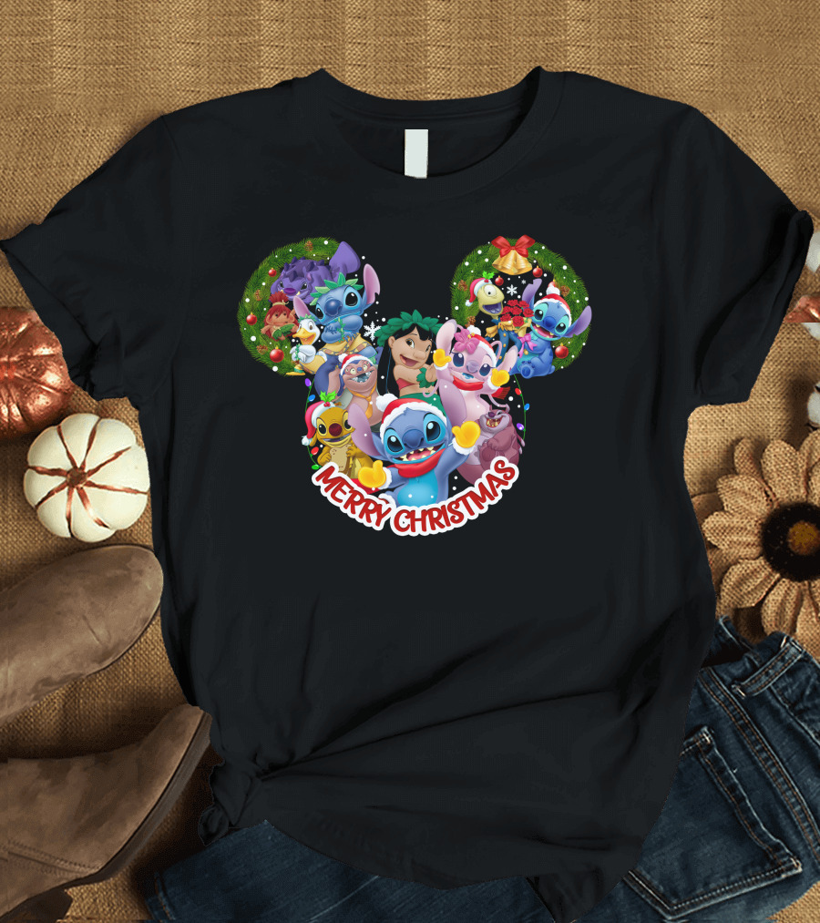 Merry Christmas Lilo and Stitch Disney Mickey Ears Wreath T-Shirt