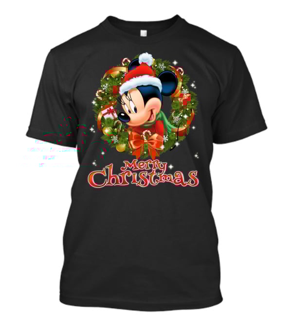 Minnie Mouse Merry Christmas Wreath Santa Hat Holiday Decor T-Shirt