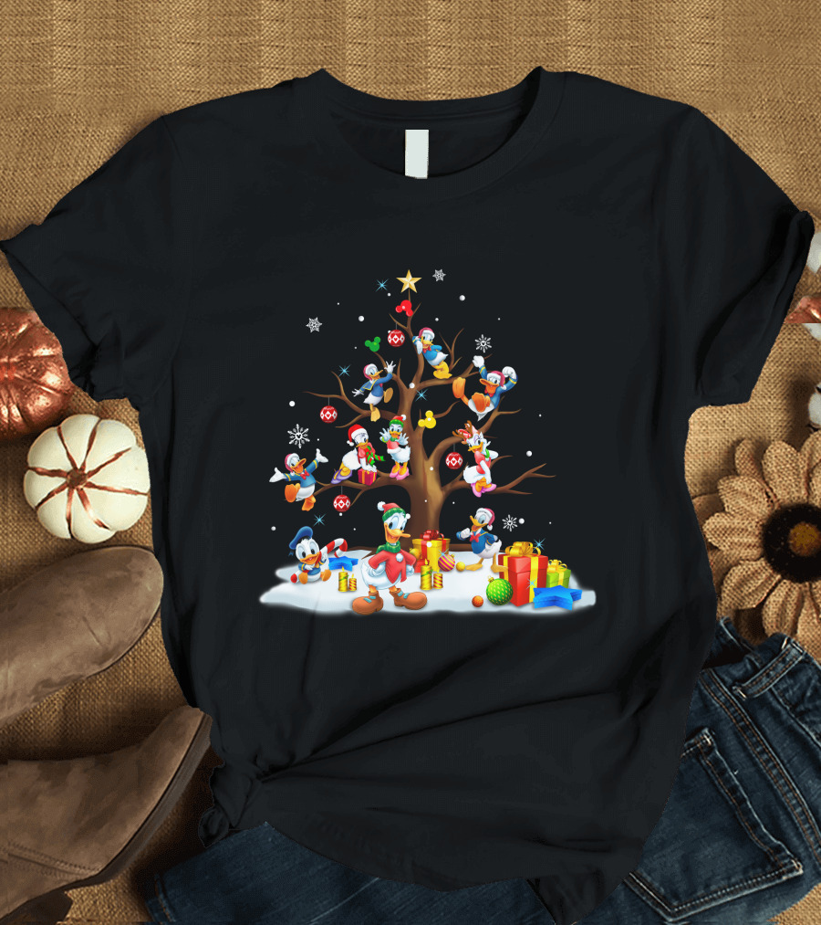 Donald Daisy Christmas Tree with Disney Characters and Snowflakes T-Shirt