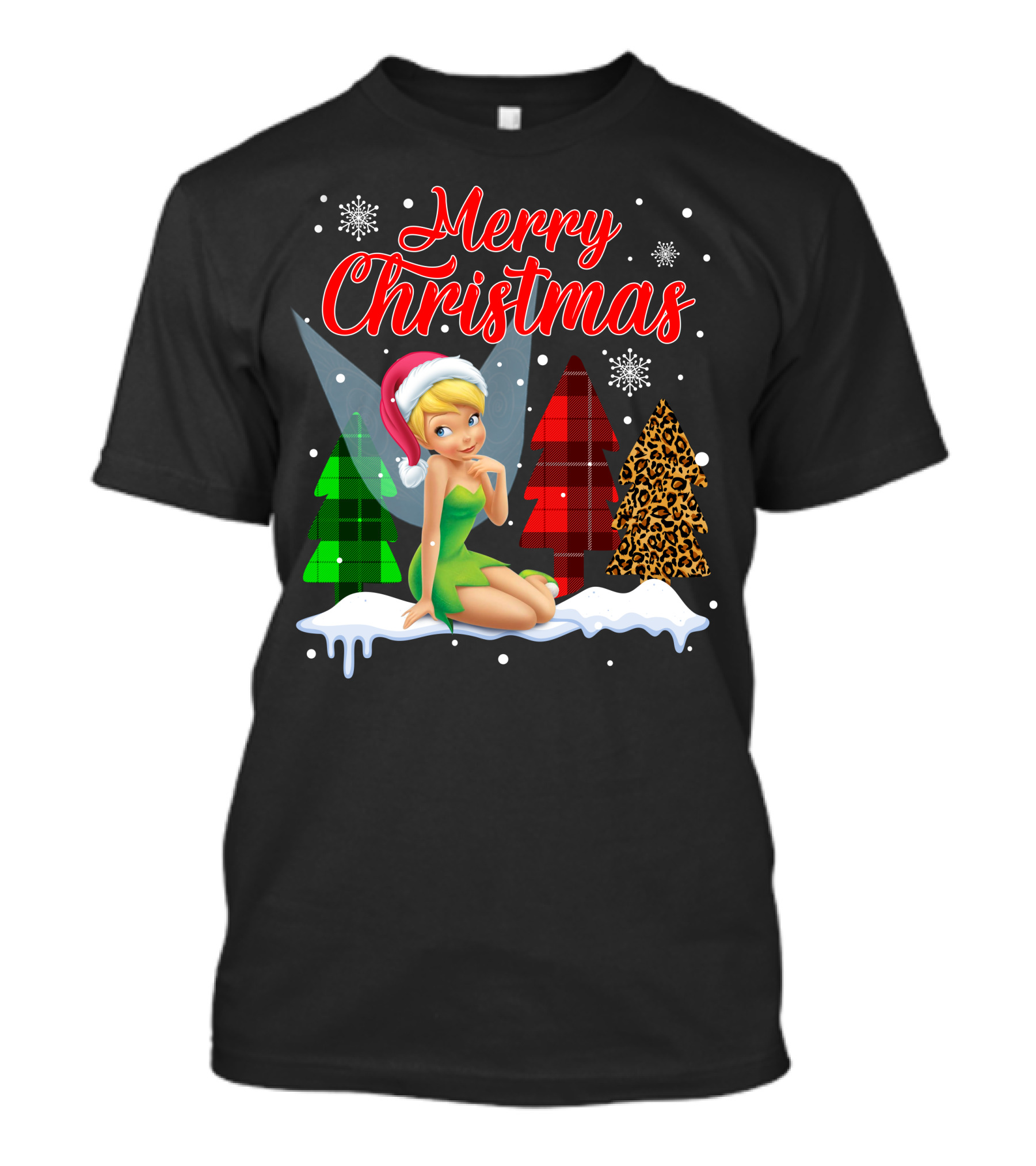 Merry Christmas Tinkerbell Santa Hat Plaid And Leopard Trees Snowflakes T-Shirt