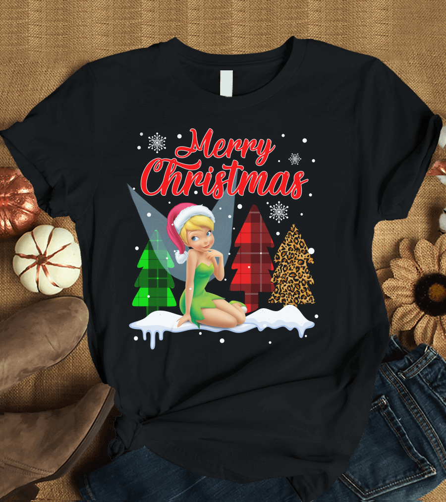 Merry Christmas Tinkerbell Santa Hat Plaid And Leopard Trees Snowflakes T-Shirt