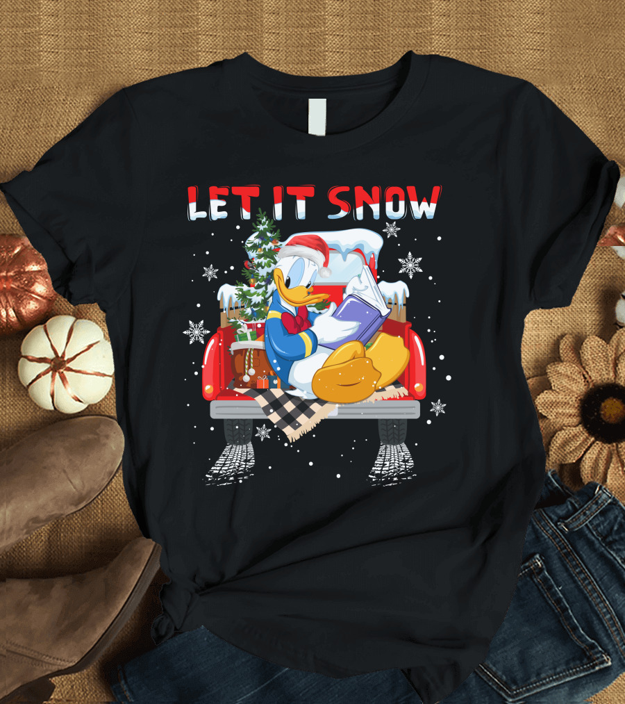 Let It Snow Donald Santa Hat Reading Winter Snowflakes Christmas Tree Red Truck T-Shirt