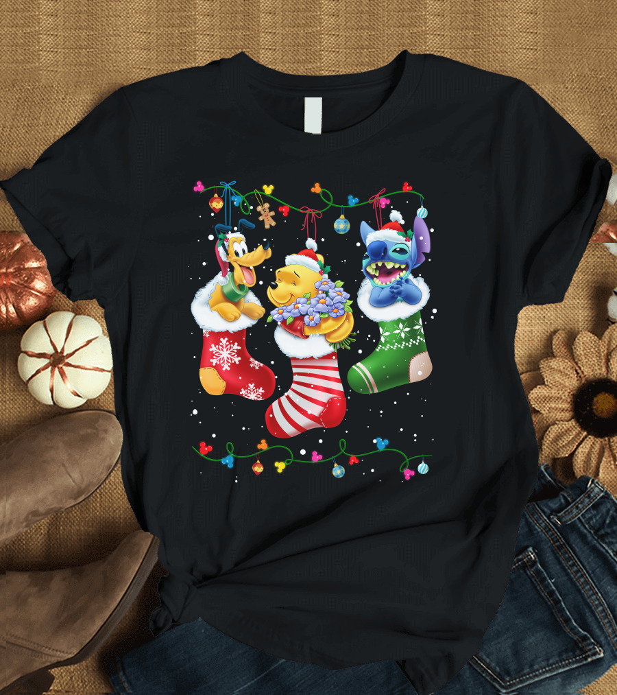 Pluto Stitch Pooh Christmas Stockings Festive Holiday Cartoon Characters T-Shirt